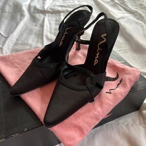 Nina Formal Black Satin Heels Toe Sling Back